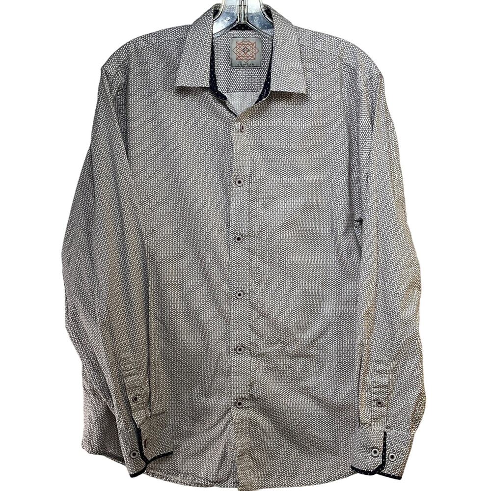 SQ Sqwear Button Front Shirt Men's Medium White Maroon Blue Hexagon Print L/S